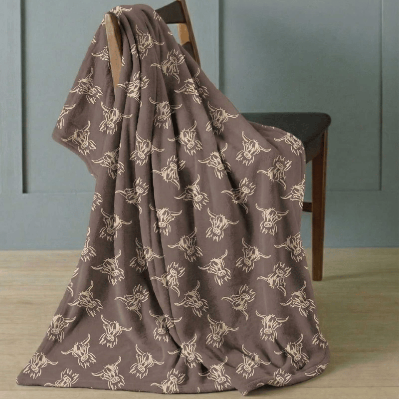 Highland Cow Design Fleece Blanket Throws 120x150cm - Mocha (limit stock)