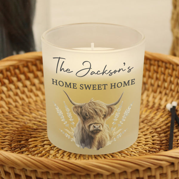 Personalised Highland Cow Frosted Glass Candle