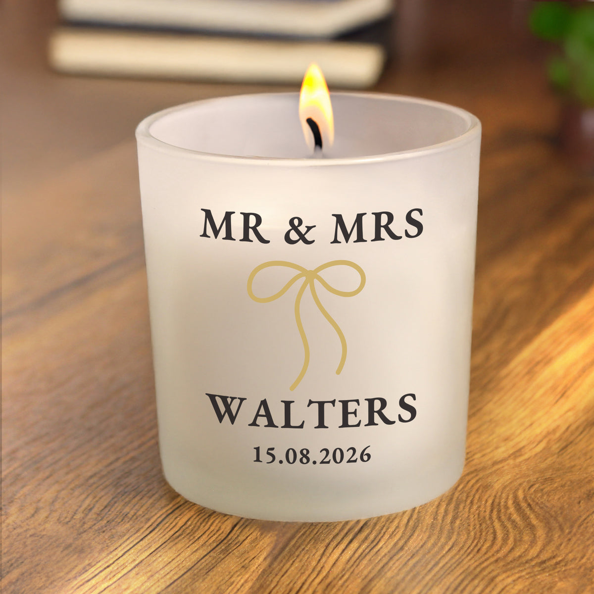 Personalised Black & Gold Bow Frosted Candle