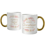 Personalised Pink & Gold Wreath Gold Handled Mug